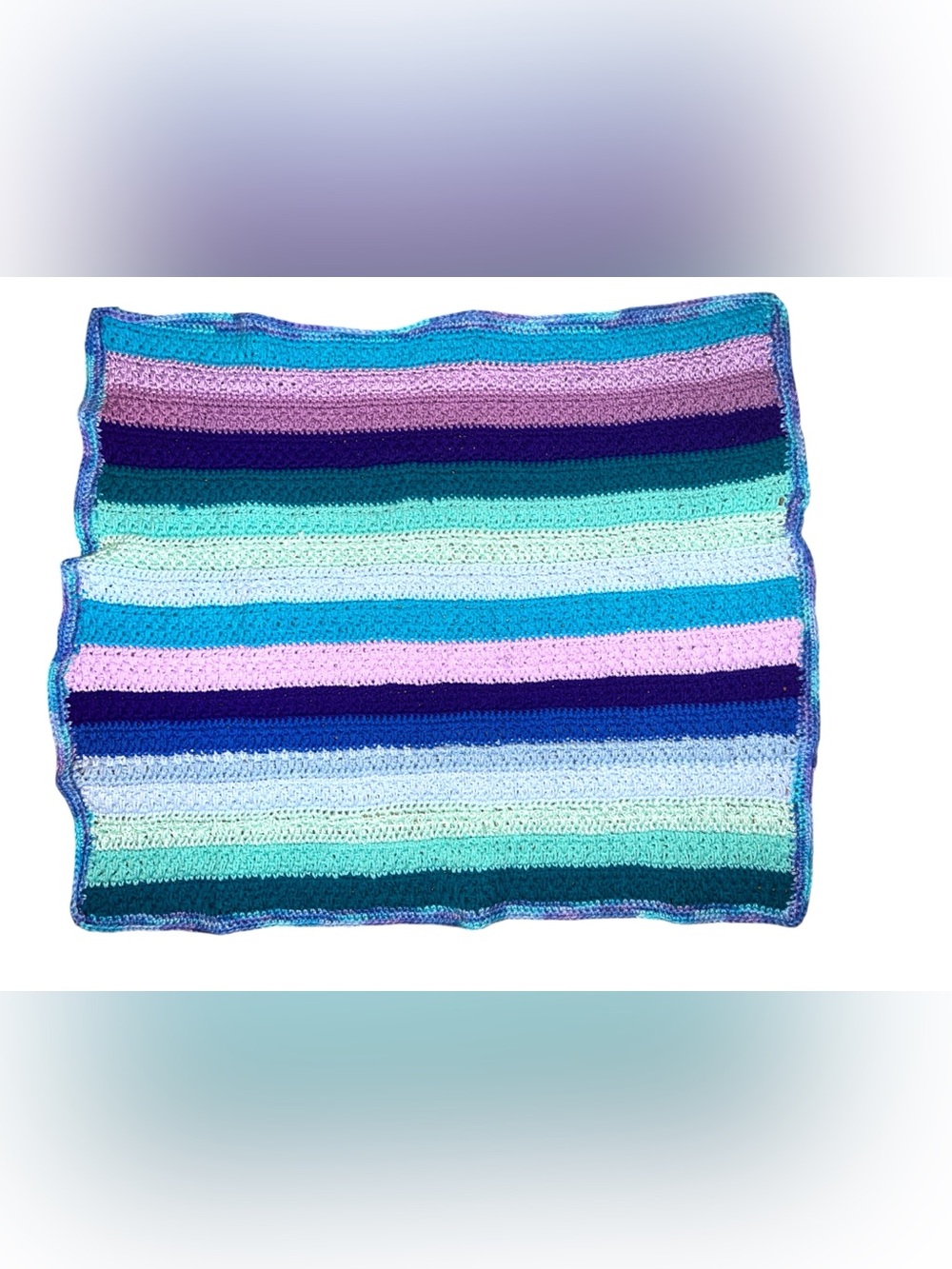 Handmade Crochet Baby Blanket 32x34 Blue Purple Green Striped Nursery Throw New
